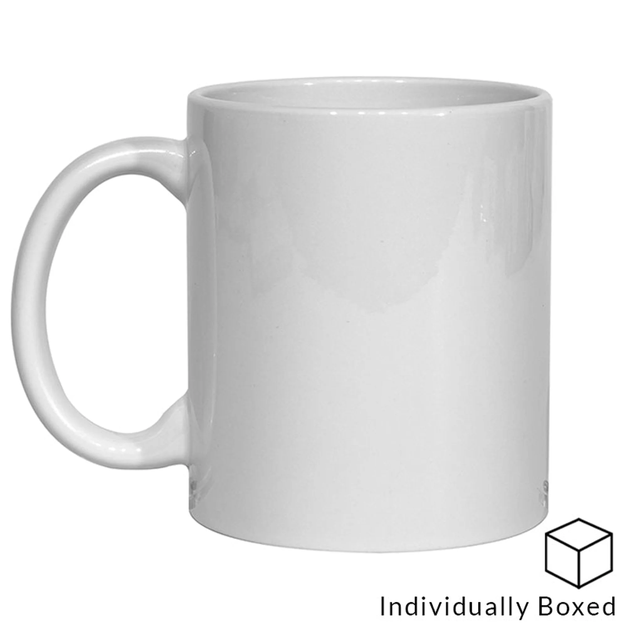 White 11oz ceramic mug with handle, individually boxed